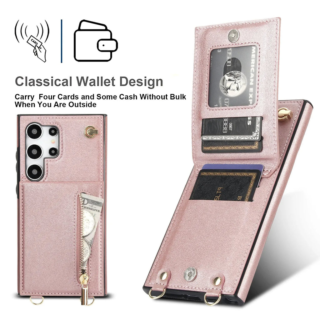 Handmade PU TPU leather Samsung phone case with bracket, card slots and crossbody zipper in multiple colours