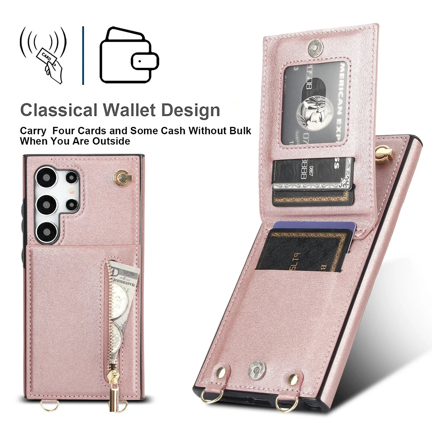 Handmade PU TPU leather Samsung phone case with bracket, card slots and crossbody zipper in multiple colours