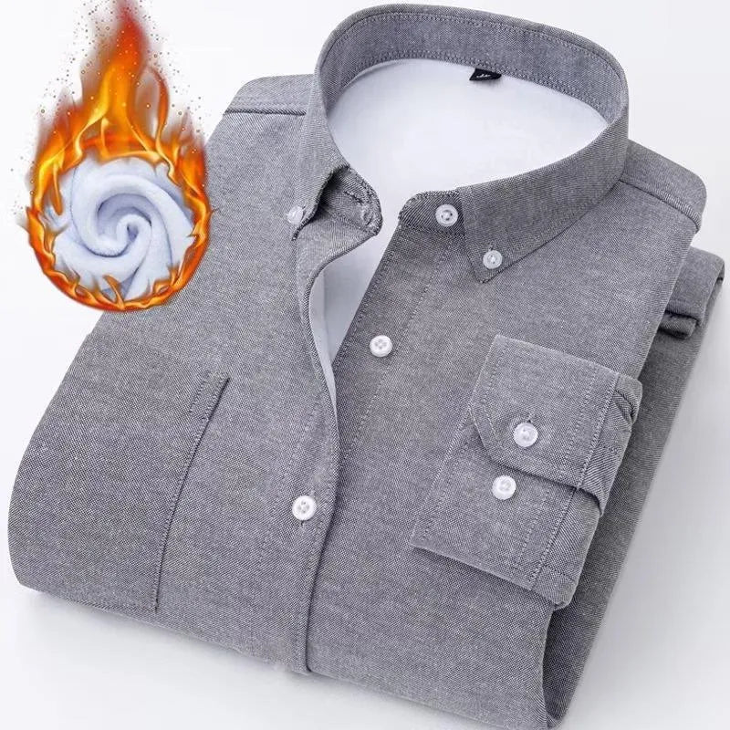 Oxford flannel long-sleeve casual brushed fleece-lined thick warm shirt for men in navy blue