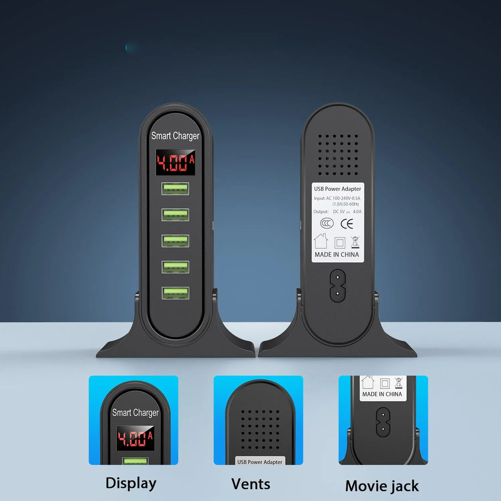 Smart LED digital display USB charger with indicator function, 4000mA, available in black or white with EU, UK, or US plug