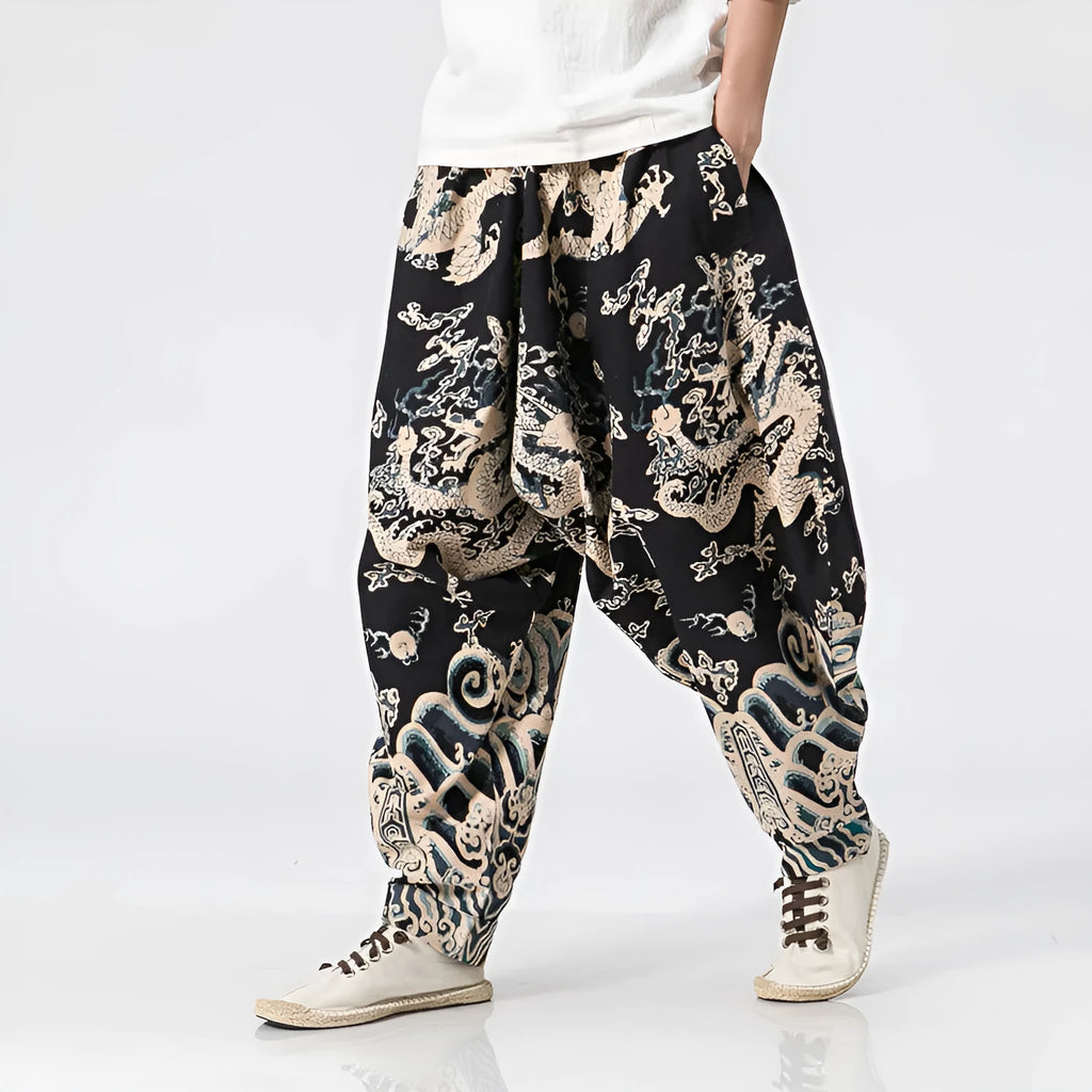Men's dragon print harem trousers with elastic waist, loose length, available in multiple sizes