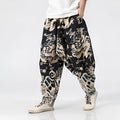 Men's dragon print harem trousers with elastic waist, loose length, available in multiple sizes