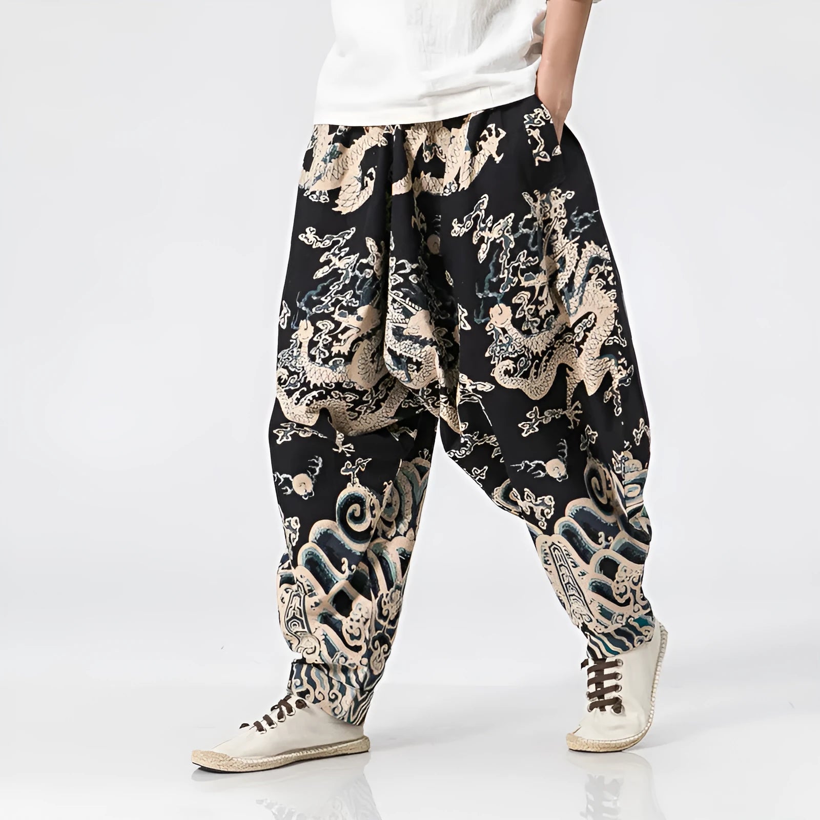 Men's dragon print harem trousers with elastic waist, loose length, available in multiple sizes
