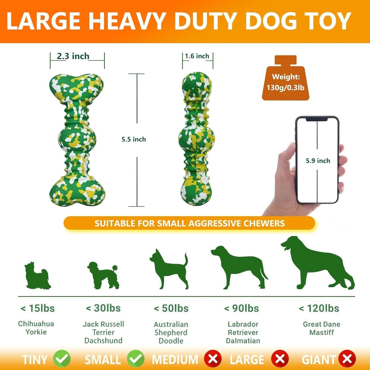 Dog chew toy made of natural rubber and bamboo fibre with unique camouflage pattern, available in S and L sizes.