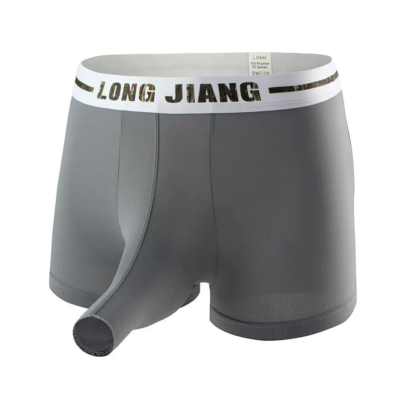 Men's solid colour ice silk boxer shorts in a mid-waist design on a white background.