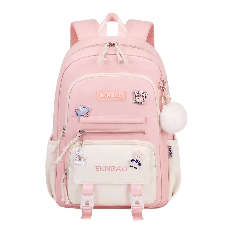 Girls' pink waterproof Oxford cloth school backpack with curved shoulder straps.