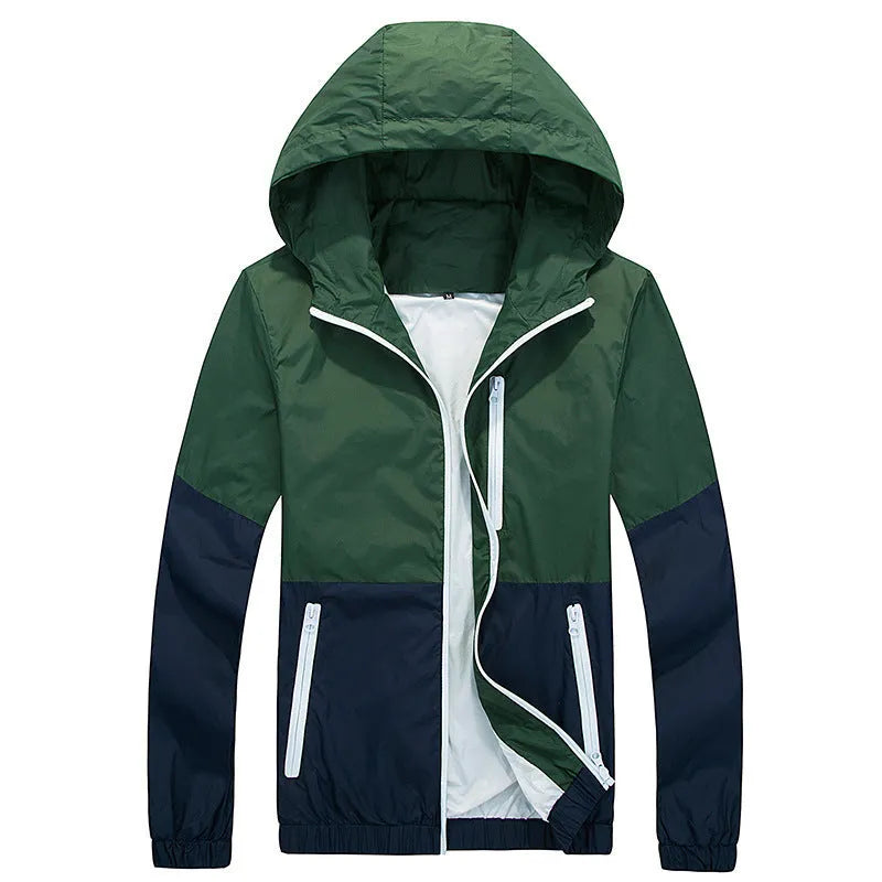 Men's lightweight polyester hooded sports jacket in army green, front view