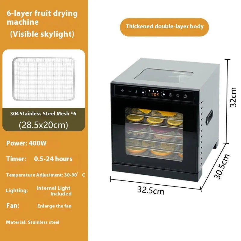 Stainless steel fruit dehydrator with transparent skylight lid and multiple drying trays