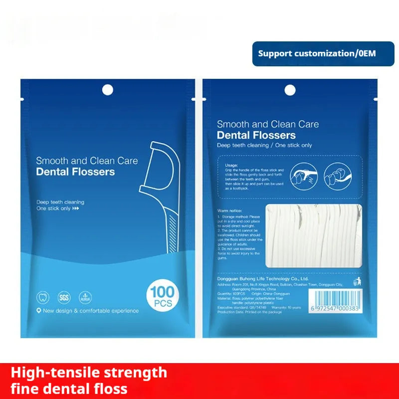 Independently packaged dental floss in portable plastic bag with high tensile strength