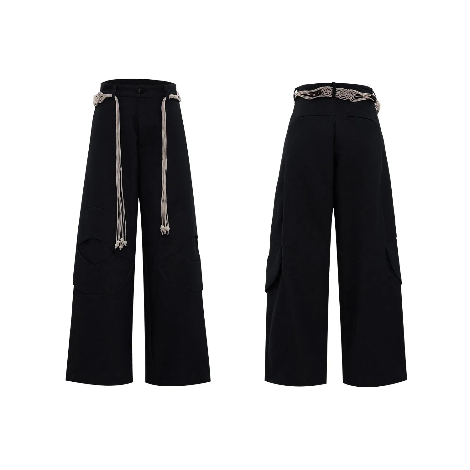 Man wearing dark blue loose-fit straight-leg cotton jeans with zip decoration and belt stitching.