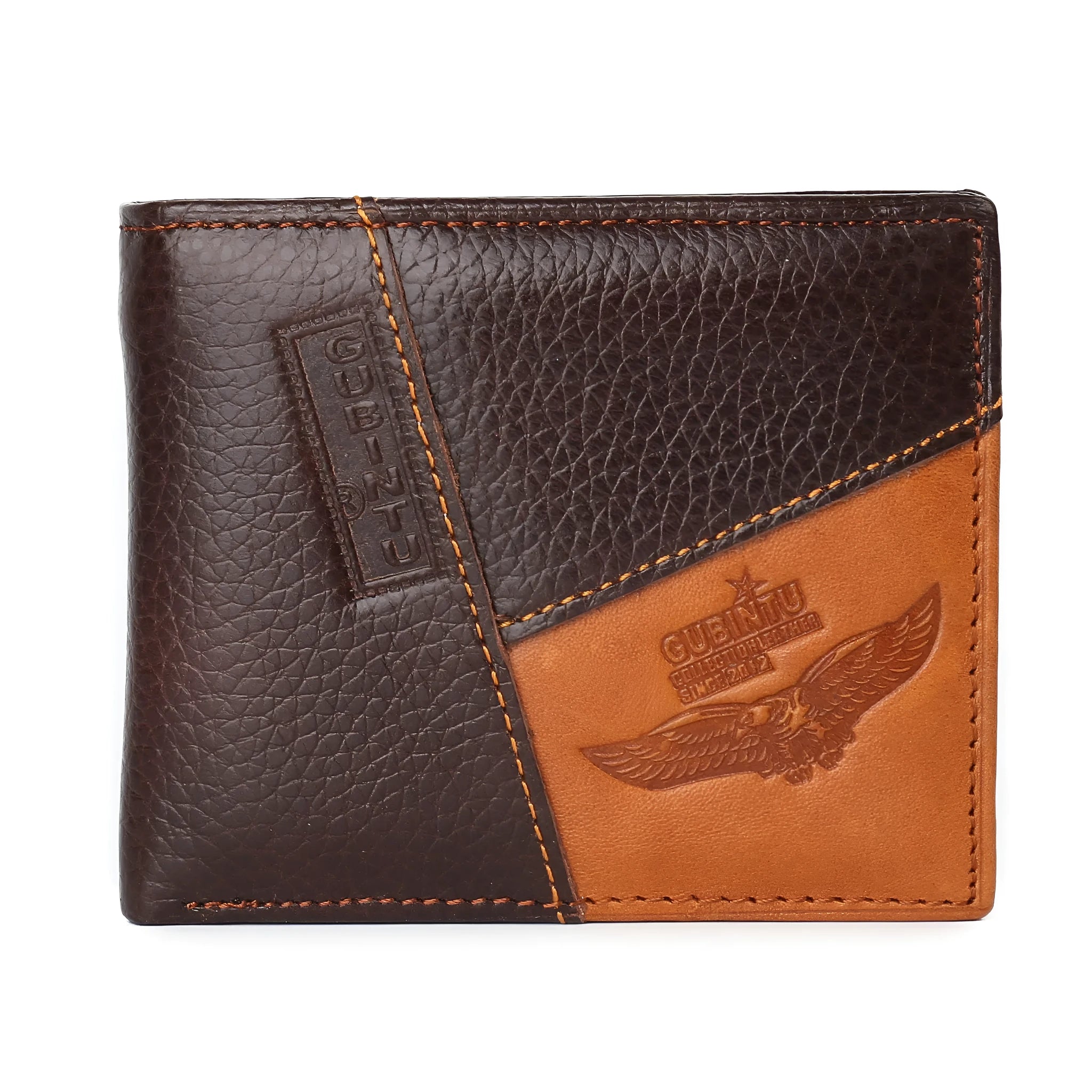 Korean-style cowhide leather wallet with car stitching showing bill holder, card slots, and zipper compartment