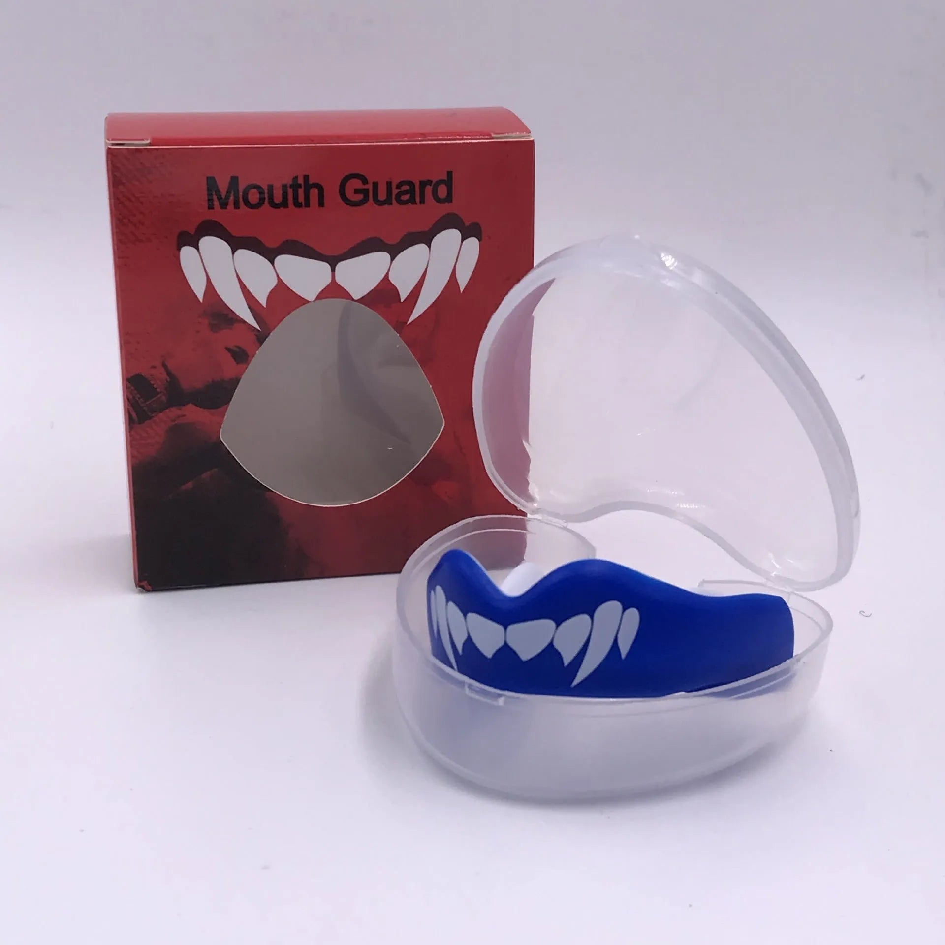 Adult boxing mouthguard with tooth socket design in black and white printed teeth graphic
