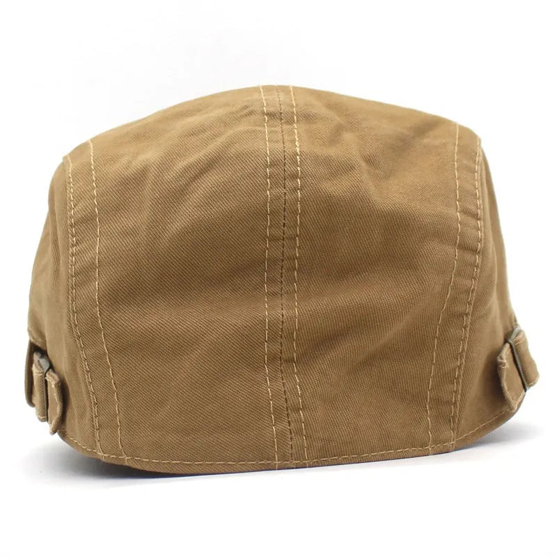 Retro peaked cap with adjustable leather strap and jeans button fastening flat top crown embroidery detail available in green khaki black brown gray navy blue