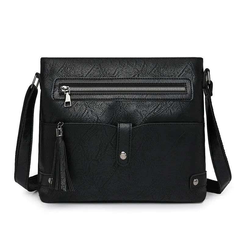 Women's soft PU tassel crossbody handbag in horizontal square shape with zipper compartments, available in beige, black, brown, coffee