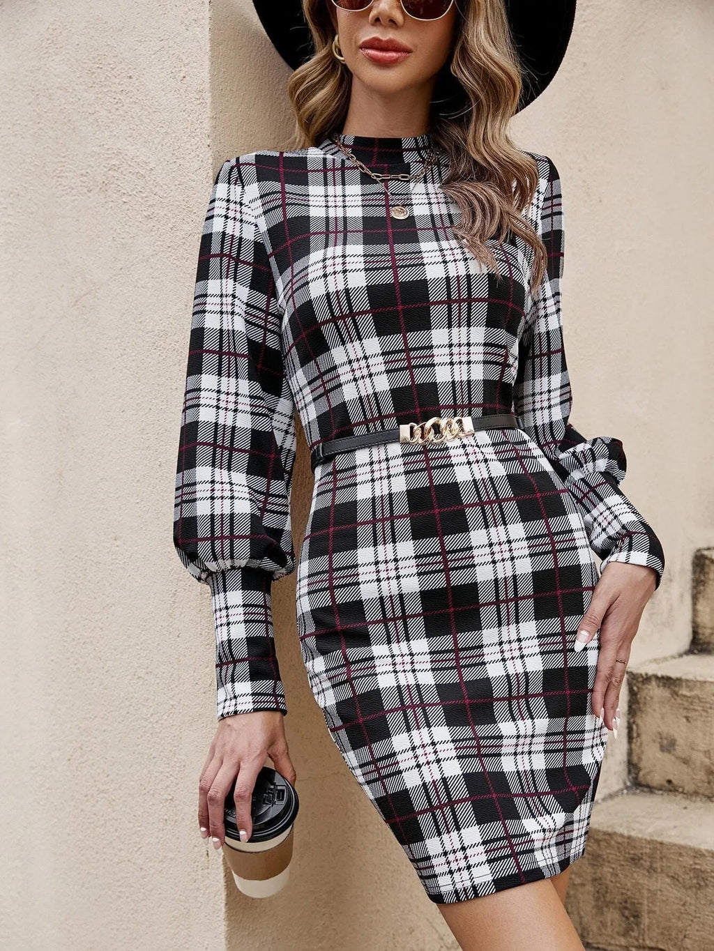 Black tight dress with lantern sleeves and printed design in Japanese Korean casual style