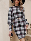 Black tight dress with lantern sleeves and printed design in Japanese Korean casual style
