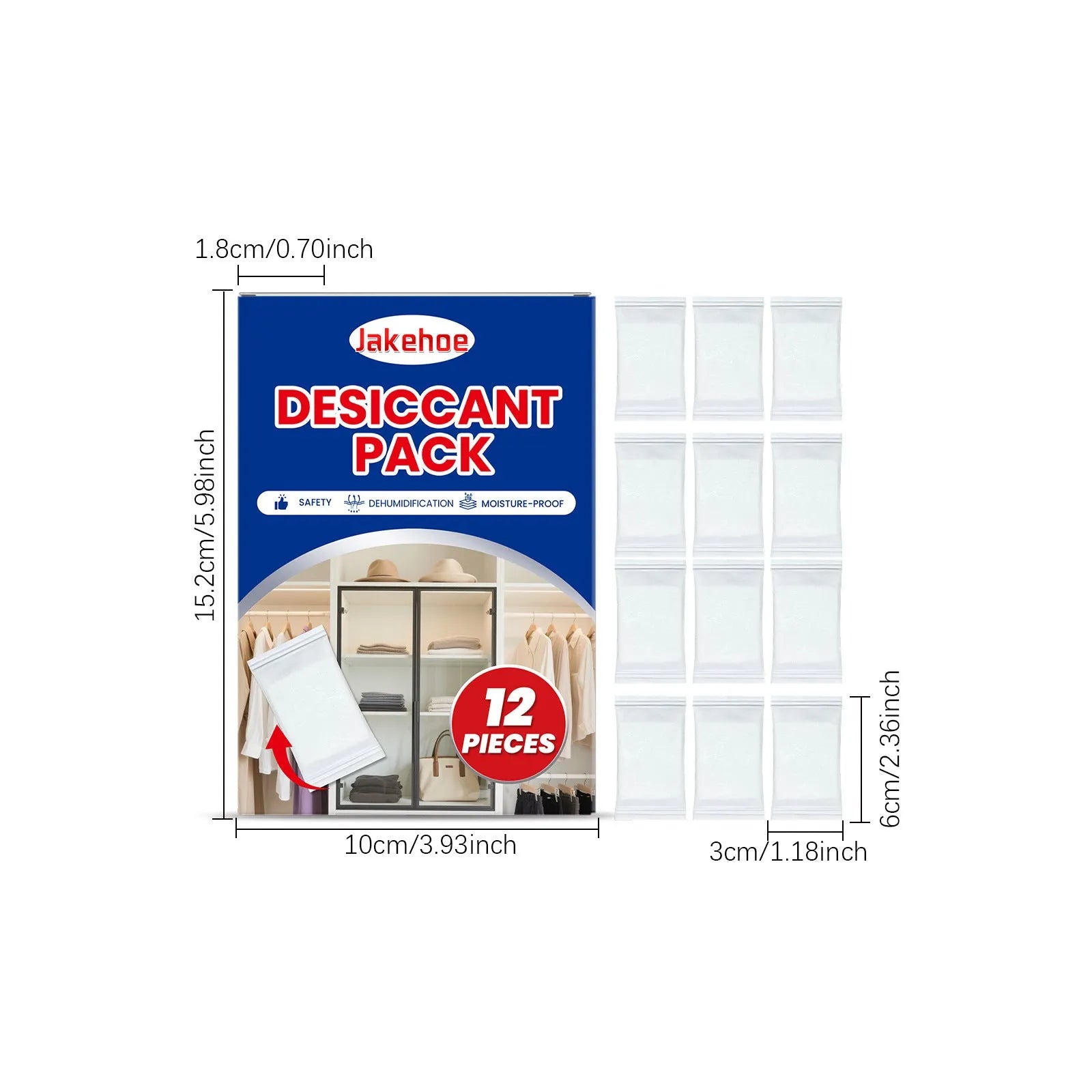 12 white anti-odor space desiccant packets with wood pulp casing for household moisture absorption.