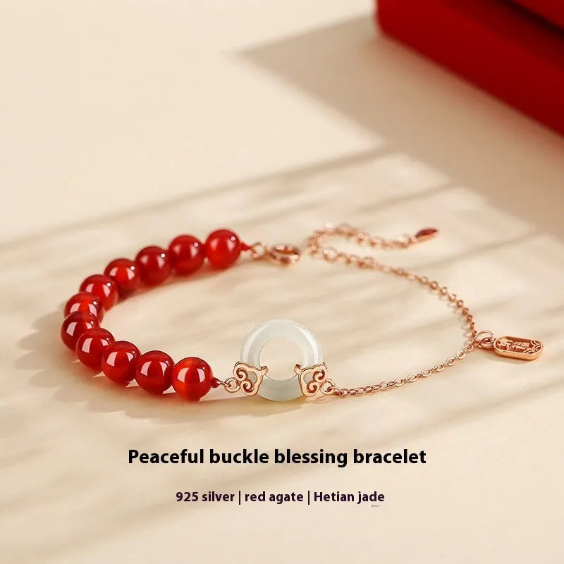 Sterling silver peace buckle bracelet with xiangyun cloud patterns and fu character symbols