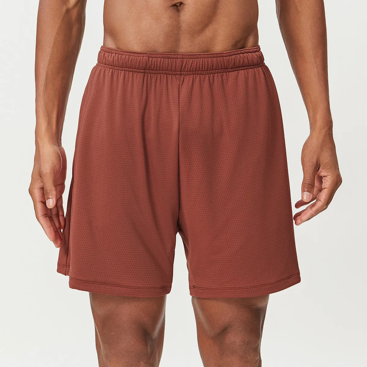 Men's quick-dry nylon double-layer running shorts in dark brown, shown laid flat.