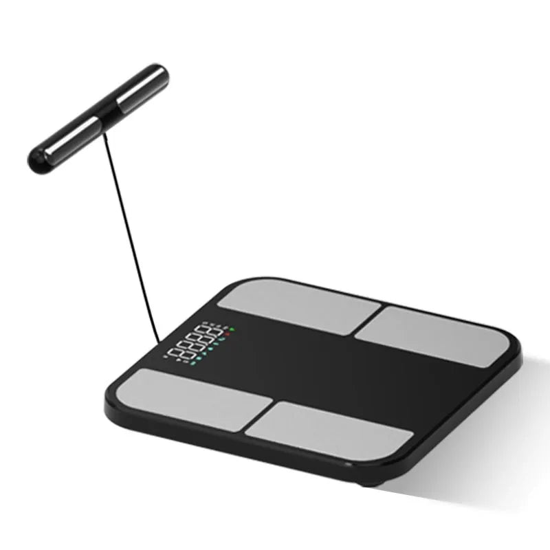 Black electronic body composition scale with tempered glass platform and colour display screen