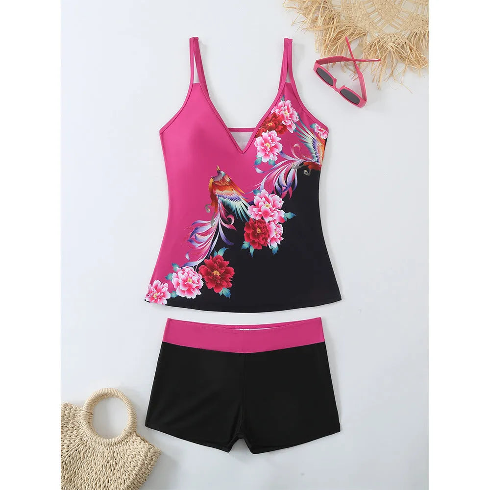 Plus size women's swimsuit set with printed briefs in black or rose red with matching swimming trunks