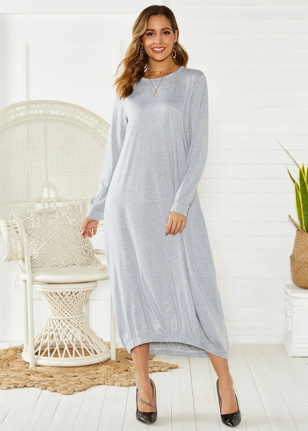Black loose lantern dress with lace-up crew neck, polyester knit fabric, Japanese Korean casual style