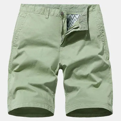 Man wearing blue printed denim casual shorts with a loose fit and straight leg, showcasing the no-belt workwear style.
