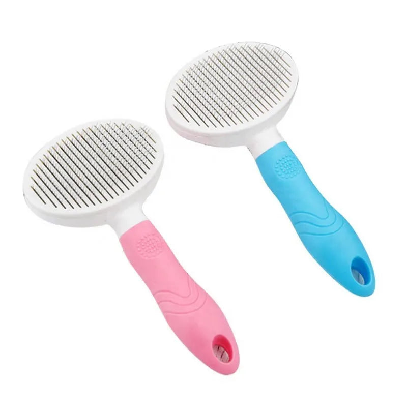 Blue automatic hair removal pet comb with TPR non-slip grip and button shaved design on white background