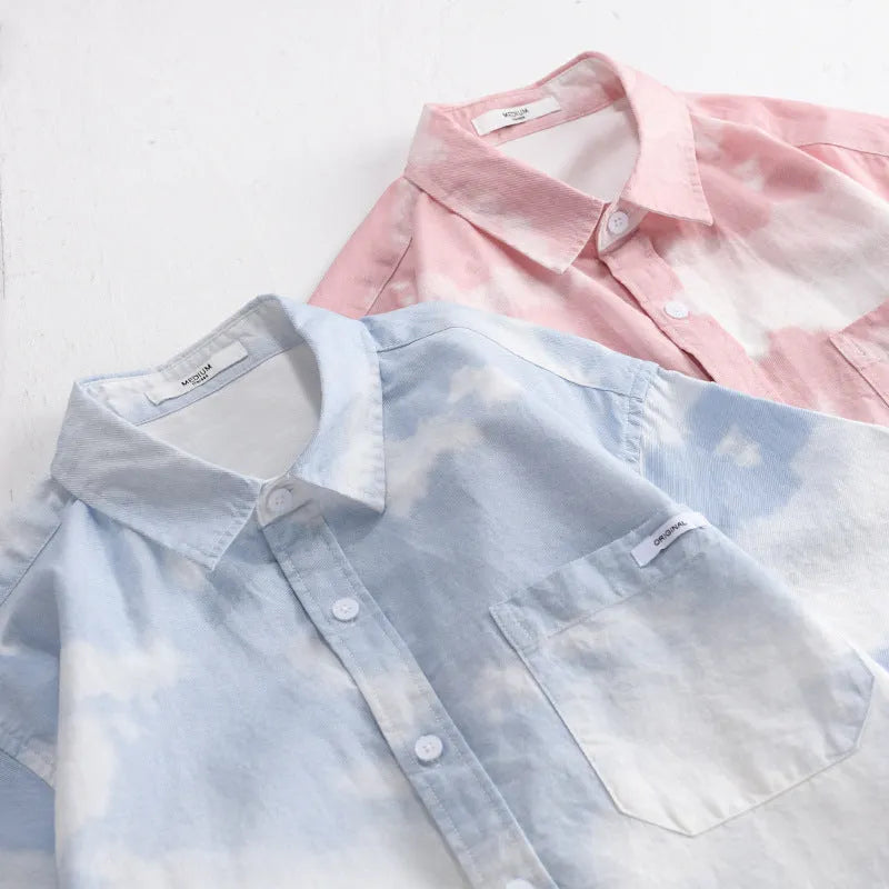 Men's light pink pure cotton short-sleeved shirt with loose-fit cardigan style