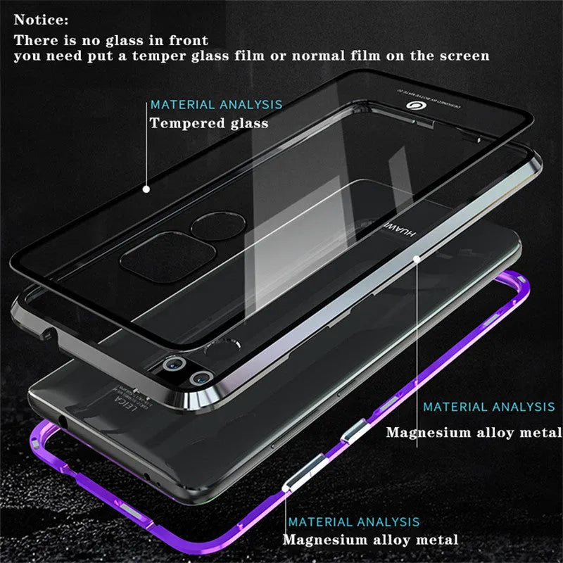 Magnetic phone case with metal frame and 9H tempered glass back in Black