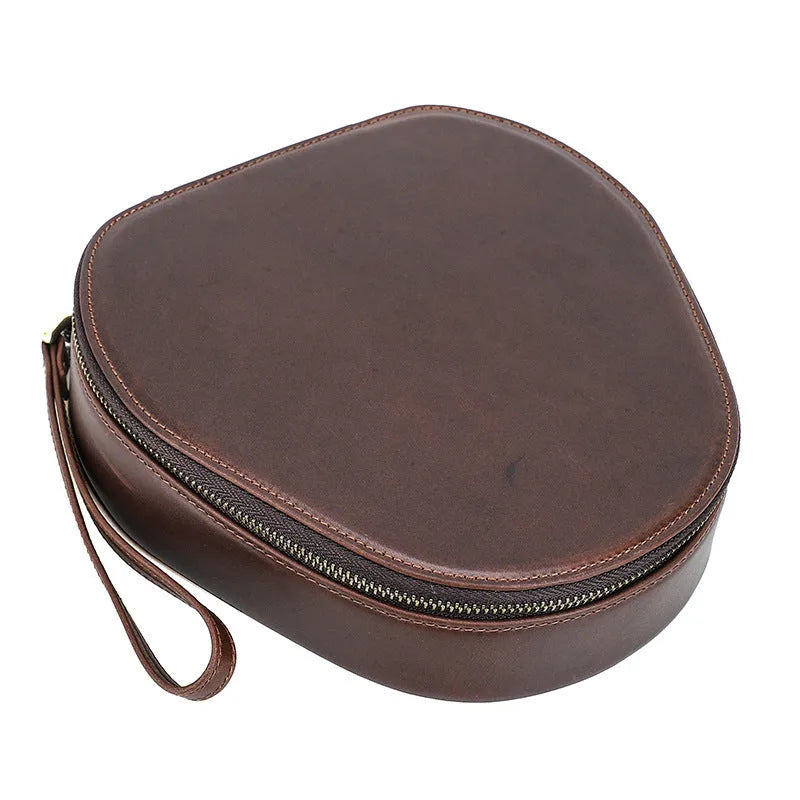 Brown genuine leather earphone bag with lanyard designed for Apple AirPods Max