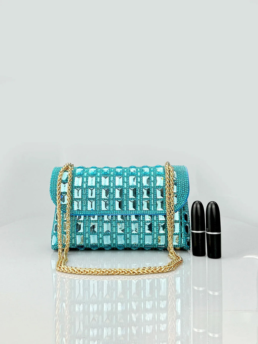 Shiny glass rhinestone chain clutch bag with dedicated phone compartment in retro style