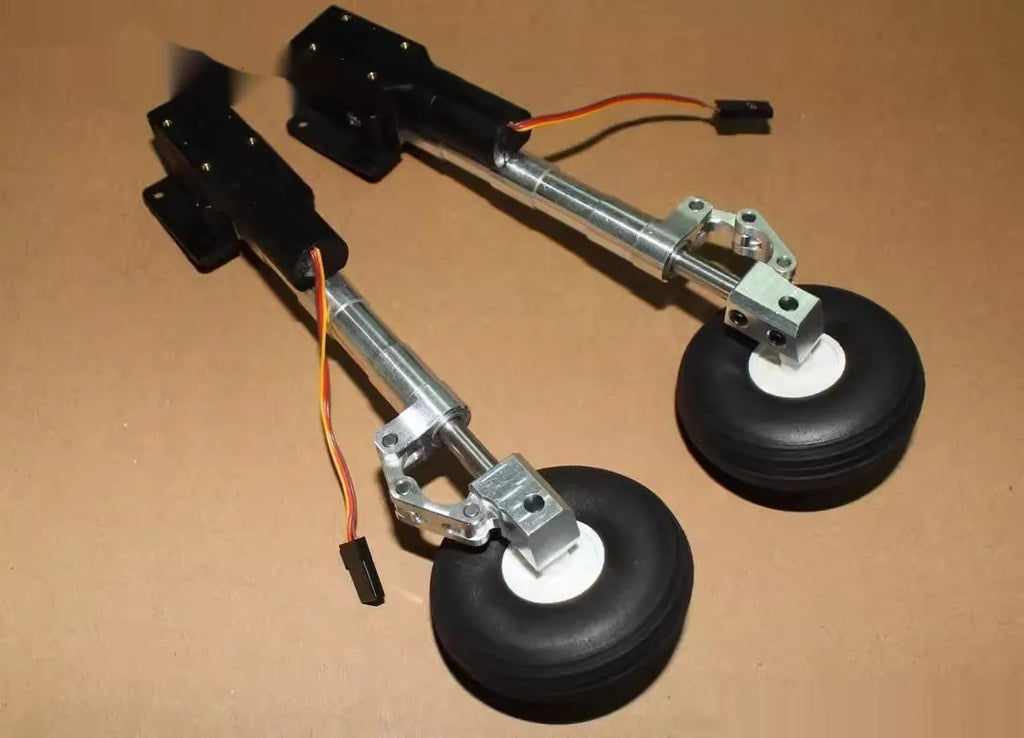 Alloy retractable landing gear for electric toy aircraft with shock absorption and wheel options