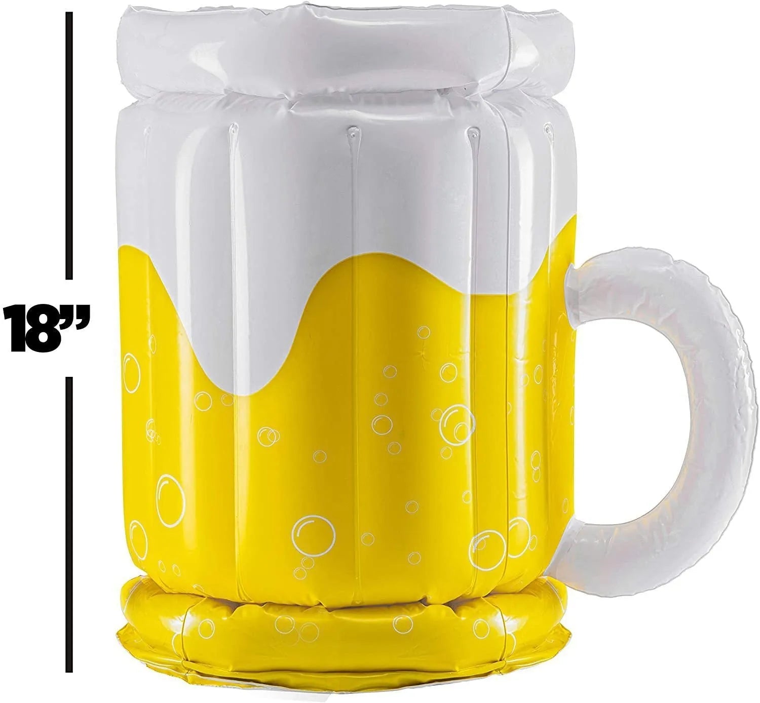 Large yellow inflatable beer mug cooler pool float with drinks, shown in a swimming pool.