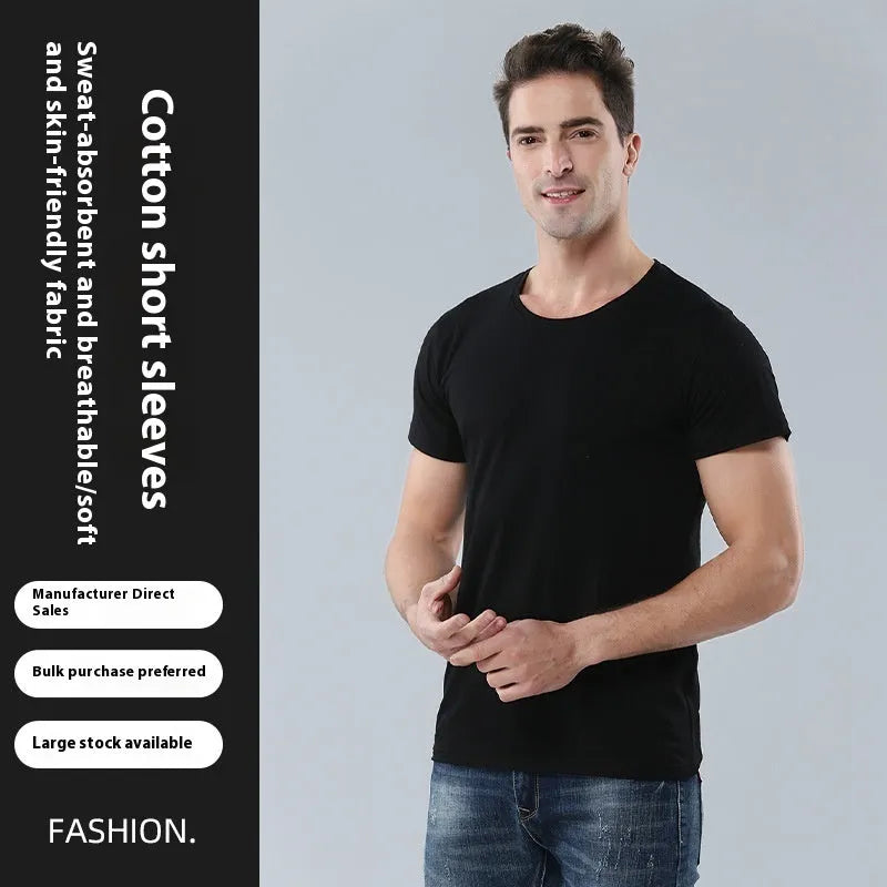 Men's round neck pure cotton loose t-shirt in black solid colour