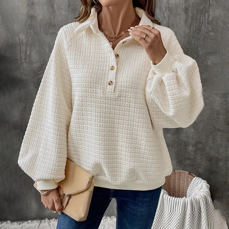 Women's milk white polo collar thick sweater with textured fabric and long sleeves
