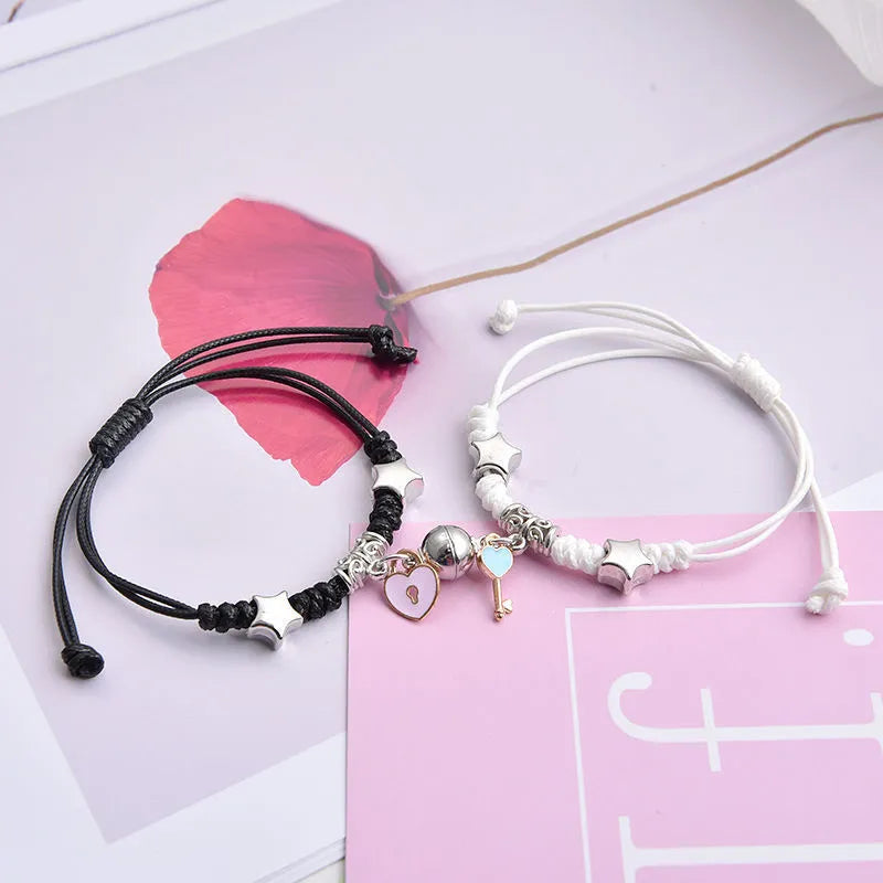 Magnet couple bracelets with electroplated finish showing magnetic clasp and symbolic design options