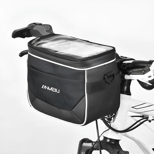 Black 7-inch bicycle handlebar storage bag mounted on bike handlebars