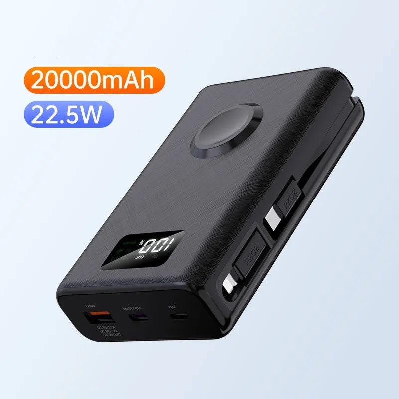 Black and white wireless charging power bank with phone bracket showing 20000mAh capacity and display screen