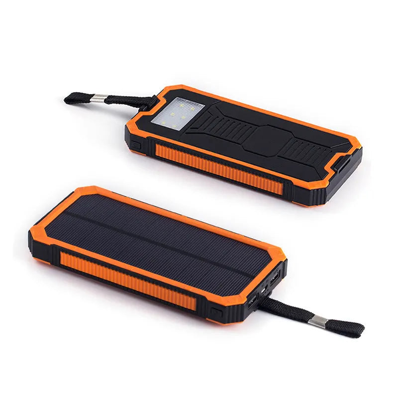 Solar power bank in orange, green, black, or yellow with display showing 6000, 8000, and 10000mAh capacity options.