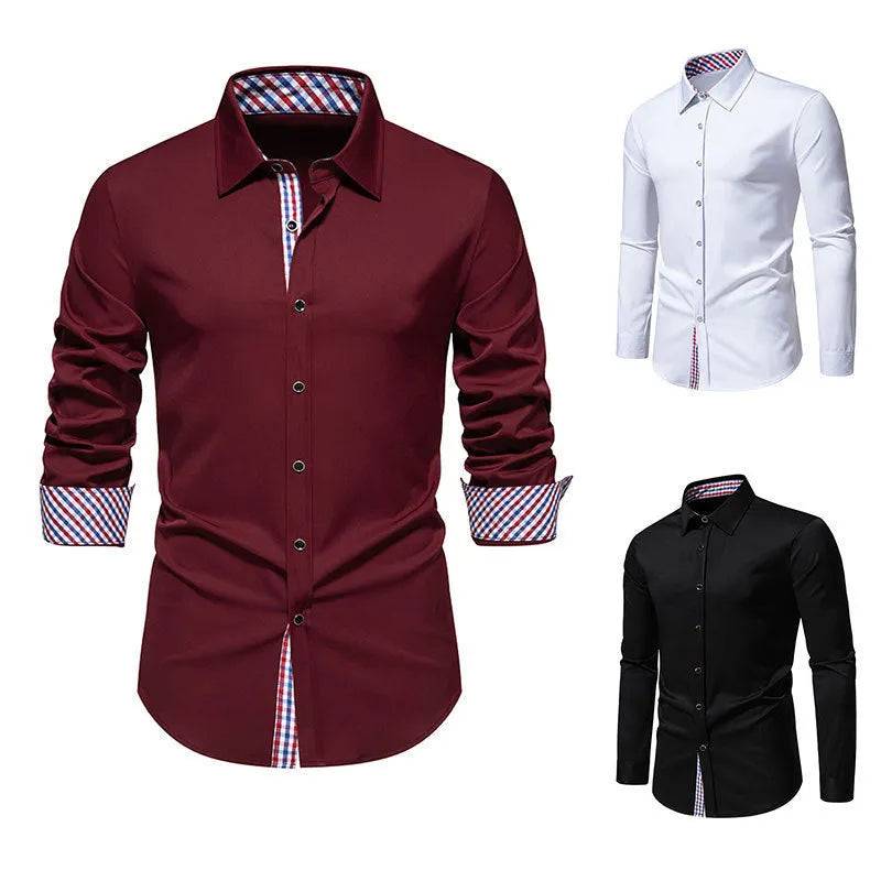 Men's loose fit plaid long-sleeved shirt in chemical fibre blend fabric available in white, black and wine red colours