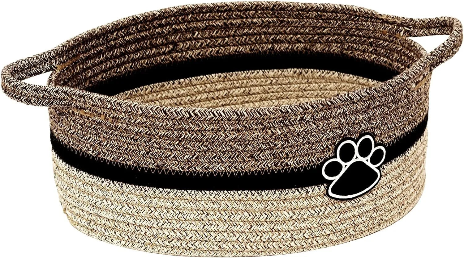 Light beige handmade woven cotton rope storage basket with wooden handle.