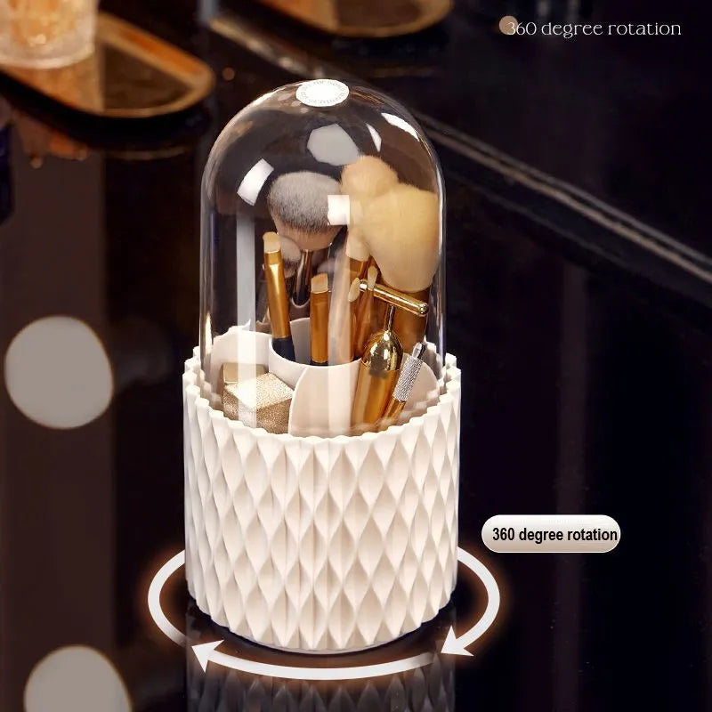 White acrylic makeup brush holder with transparent cover and rotating base for desktop storage