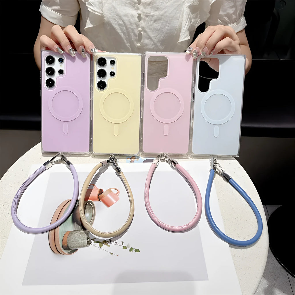 Macaron Color Series magnetic phone case for Samsung in magnetic purple with carrying strap, soft shell design