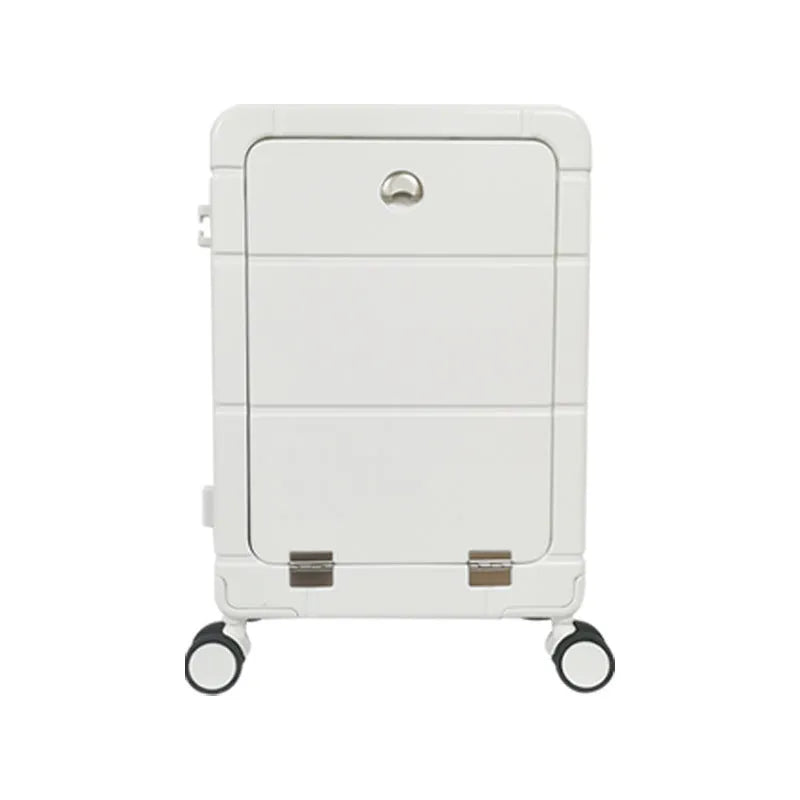 20-inch front opening cabin suitcase in titanium silver colour with universal wheels and integrated cup holder.