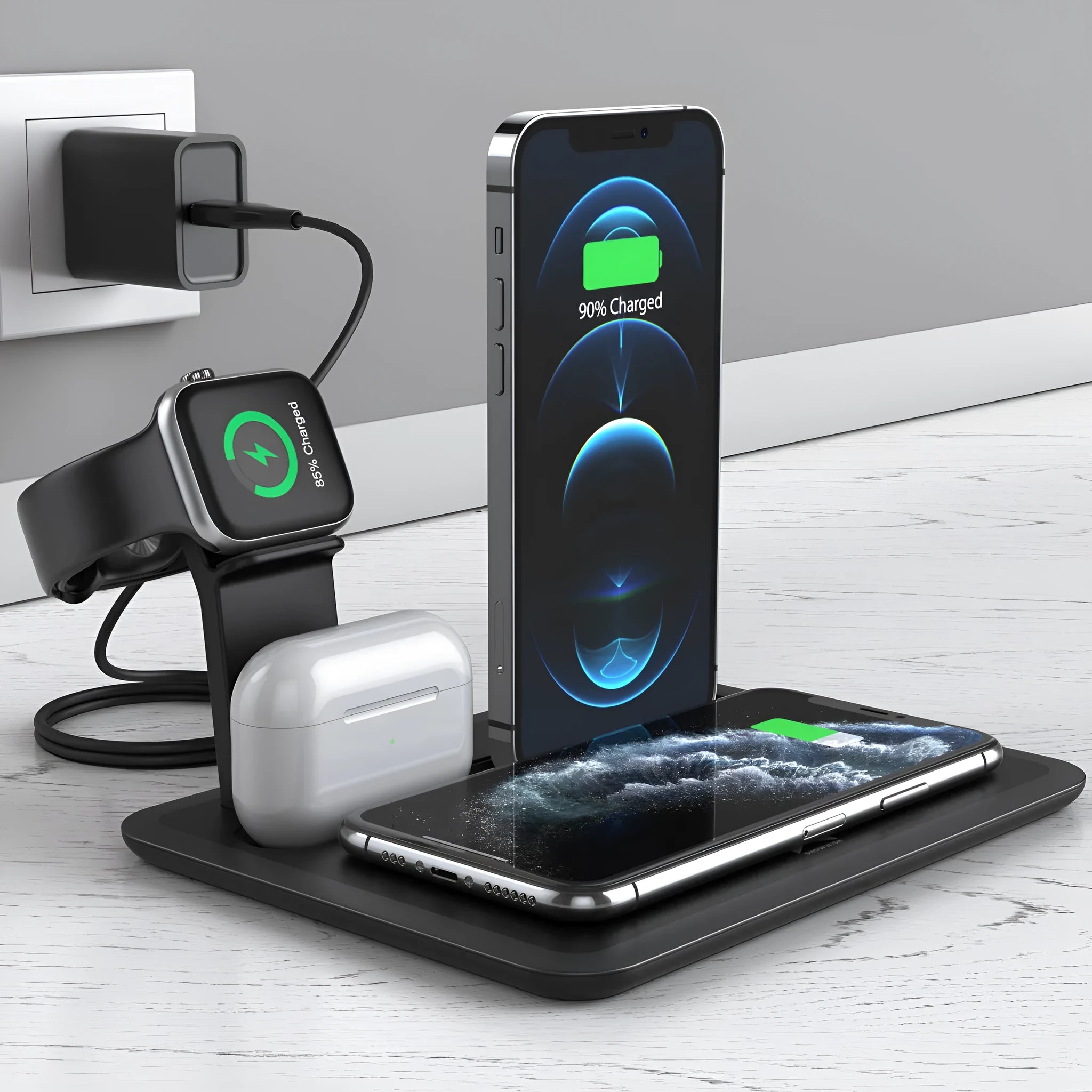 White desktop wireless charging station for phone, smartwatch and headphones showing compact design.