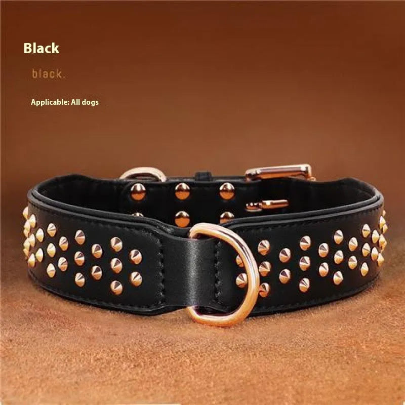 Leather dog collar with stainless steel rivets in black, chocolate, and pink colour options.