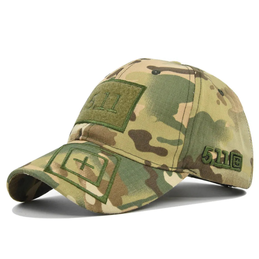 Cotton baseball cap with wide brim and adjustable back, displayed on a neutral background