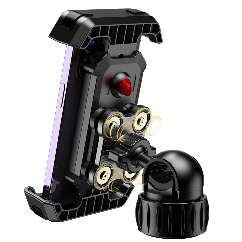 Black ABS cycling phone navigation bracket mounted on bike handlebars