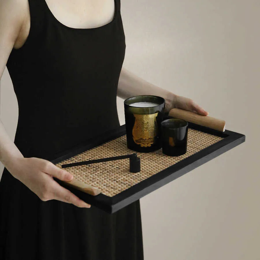 Natural pine wood compartment tray with separate sections for tea and snacks